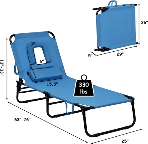 Vista 3 de GYMAX Sillón de playa, silla para tomar el sol, silla plegable ajustable reclinable con agujero para la cara