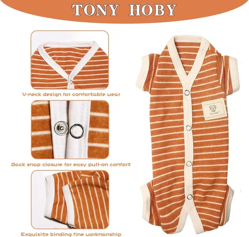 Vista 3 de TONY HOBY Ropa de pijama para mascotas para perros hembra/macho con rayas, pijama de 4 patas, overol de algodón suave para perros