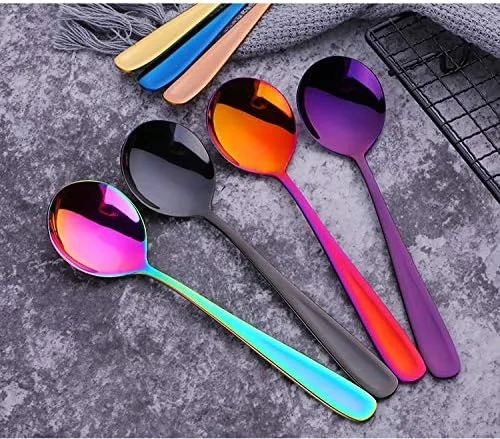 Vista 3 de Buyer Star Juegos de cucharas de caldo, cucharas de sopa redondas de 7 pulgadas, cucharas de cena de mesa con acabado de acero inoxidable