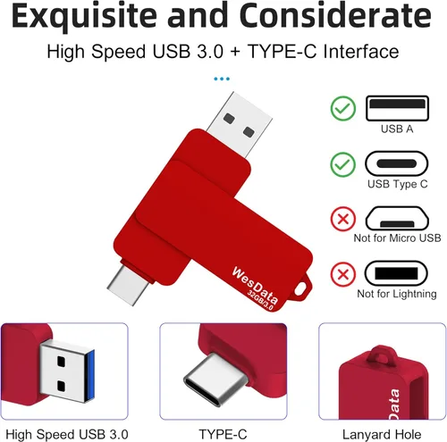 Vista 5 de Unidad flash USB C 3.0 de 32 GB con puerto tipo C y tipo A, almacenamiento y respaldo de unidades de pulgar USB C para teléfonos inteligentes
