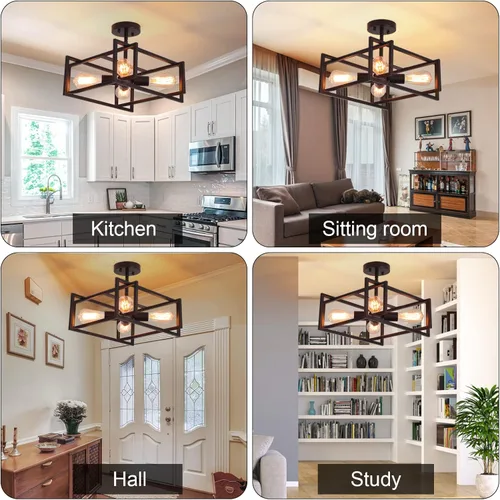 Vista 6 de Lámpara de techo semiempotrada de metal, lámpara de techo industrial negra de 4 luces, estilo rústico, vintage, para cocina, isla, pasillo, comedor