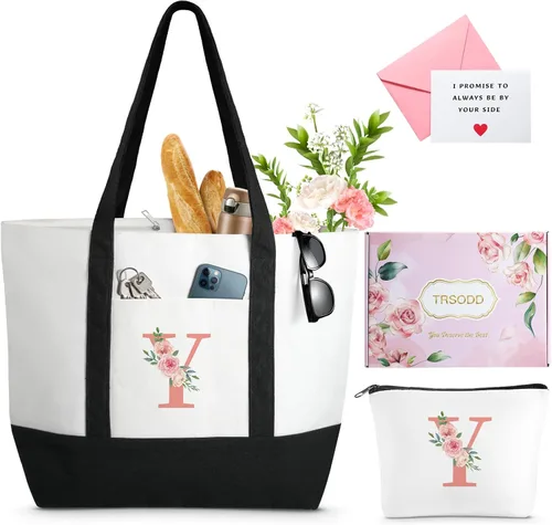 Vista 24 de TRSODD Regalos de cumpleaños para mujer, bolsa de lona con inicial con correa ajustable para el hombro y bolsa de maquillaje, regalos para mamá