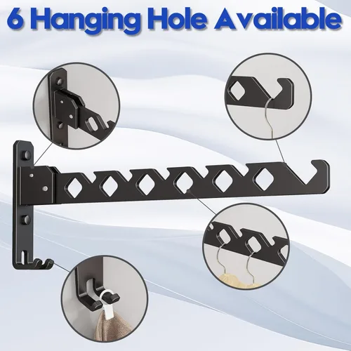 Vista 10 de Tendedero de Pared para Secar Ropa, Colgador de Ropa de Pared Plegable, Gancho Colgador de Lavandería para Baño, Perchero de Pared Interior, Negro