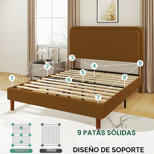 Vista 8 de Marco de cama tapizado Boucle de tamaño matrimonial con cabecera ajustable, plataforma de nube, patas de madera maciza, no necesita somier, fácil