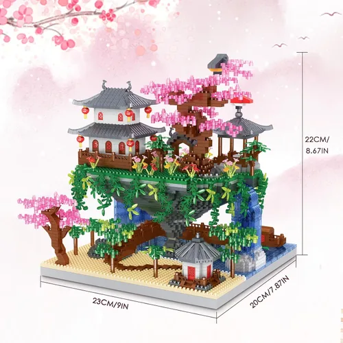Vista 2 de Kitoyz Juego de construcción de árbol bonsái de flor de cerezo, juego de microbloques de construcción de arquitectura china de flor de durazno, kit