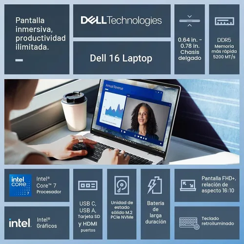 Vista 3 de Dell 2026 16 Laptop Touchscreen Computer, 16" FHD+ Touch Screen Business Laptop PC, Intel Core 7 (10-Core, >i7-1355U), 16GB DDR5 1TB SSD Windows 11