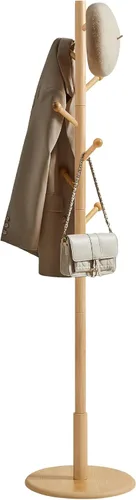 Vista 10 de VASAGLE Perchero de madera maciza, perchero independiente con 7 ganchos, 3 opciones de altura, para abrigos, sombreros, bolsos, bolsos, para Nogal