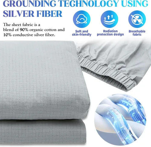 Vista 2 de Calmbee Grounding Sheets - Sábanas tamaño Queen, 10% fibra de plata pura + 90% algodón orgánico, sábanas de tierra conectadas a tierra