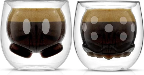 JoyJolt Mickey Pants and Minnie Skirt 3D - Vasos de café expreso de 2 onzas (2 unidades), tazas de café pequeñas de doble pared de vidrio, tazas