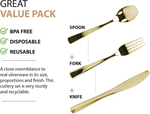 Vista 7 de Juego de cubiertos de plástico dorado, 160 unidades, cubiertos extra resistentes, cubiertos desechables, 80 tenedores, 40 cucharas, 40 cuchillos
