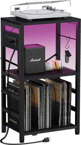 Vista 15 de YAKANJ Mesa Auxiliar con Soporte para Guitarra, Soporte para Tocadiscos, Almacenamiento para Discos de Vinilo, Soporte de 2 Niveles para Guitarra