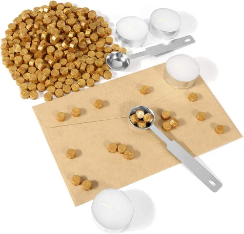 Vista 4 de Yoption 300 cuentas de cera octágono con 4 velas y 2 cucharas de fusión para sello de cera (dorado)
