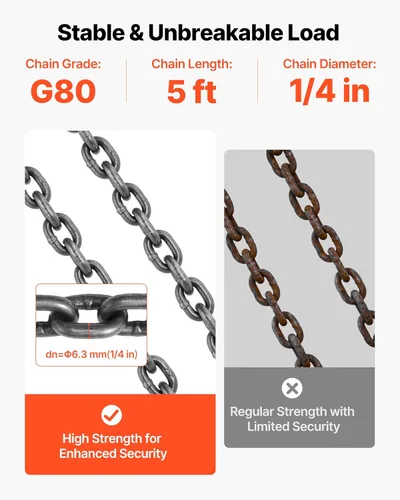 Vista 4 de VEVOR Eslinga de cadena, cadenas de elevación de 1/4 pulgadas x 5 pies con ganchos de agarre de 4 brazos, eslinga de elevación de acero de aleación