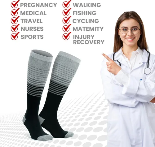 Vista 6 de GoWith Calcetines de compresión unisex hasta la rodilla, 15-20 mmHg, rayón hecho de calcetines de bambú, calcetines de viaje transpirables