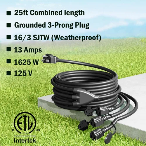 Vista 3 de Eversimpleinc Cable de extensión divisor negro de 1 a 3 (combinado de 25 pies, 13 pies de extremo a extremo), enchufe de 3 puntas con 3 salidas