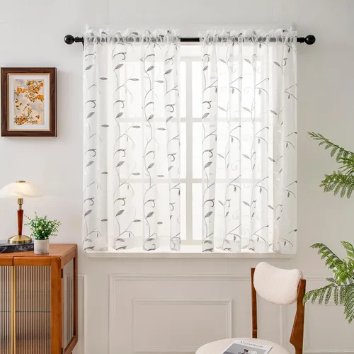 Vista 19 de VISIONTEX Juego de 2 paneles de cortinas traslúcidas blancas de 63 pulgadas de largo, con bordado de coral beige, bolsillo para barra, cortinas