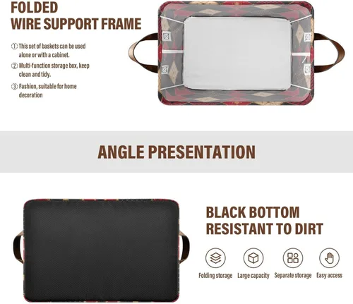 Vista 4 de Argyle Red Gold Decorative Shelf Baskets Foldable Organizer Bins with Handles Boxes Cube Organizer for Shelves Closet Toys Books 2 Pack