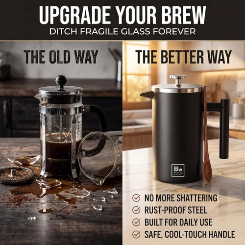 Vista 5 de Barista Warrior Cafetera de prensa francesa de acero inoxidable con termómetro integrado, diseño de doble pared aislada, sistema de filtro doble