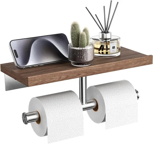 Vista 7 de Tindbea Portarrollos de papel higiénico con estante de madera, soporte de rollo de papel higiénico de madera para montaje en pared, accesorios