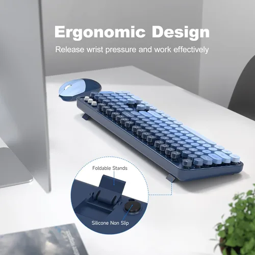 Vista 3 de MOFII Combo de teclado y mouse inalámbricos, teclado retro de tamaño completo con teclas redondas, diseño ergonómico para portátiles Windows 7, 8