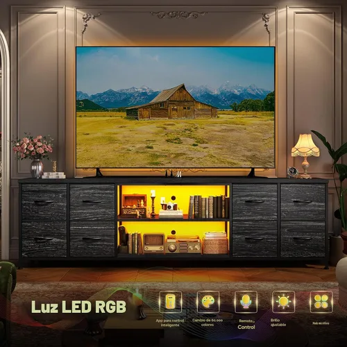 Vista 4 de Soporte de TV de 63" de ancho para 65 75 pulgadas con luces y tomas de corriente, soporte de TV para dormitorio con 8 cómodas de tela y cajoneras