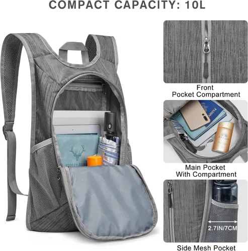 Vista 3 de G4Free Mochila de senderismo de 10L Pequeño Viaje Senderismo Daypack Bolsa plegable ligera, Gris oscuro, Mochilas Daypack