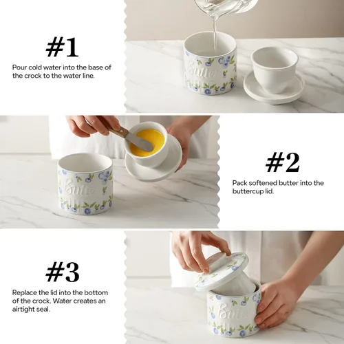 Vista 4 de Toptier Recipiente para Mantequilla para Encimera con Línea de Agua, Mantequilla Extensible a Pedido, Mantequillera de Cerámica para Dejar