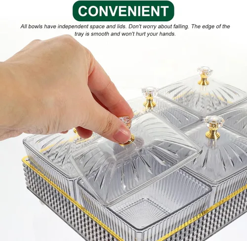 Vista 3 de Ipetboom Bandeja de frutas secas con tapa, 6 compartimentos para servir nueces y dulces, bandeja de aperitivos, caja de almacenamiento de alimentos