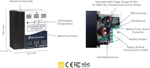Vista 2 de Solar Boost SB3024iL MPPT Controlador de carga 40A/30A, batería de 12V/24V. Salida auxiliar para carga de batería dual o salida de carga LVD de 20 A