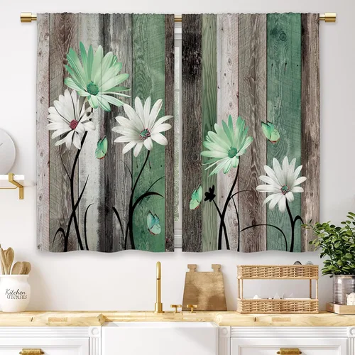 Vista 34 de Cortinas de cocina de granja de Laifzere, hojas rústicas verdes de eucalipto, cortinas cortas pequeñas para cafetería, cortinas de ventana de planta