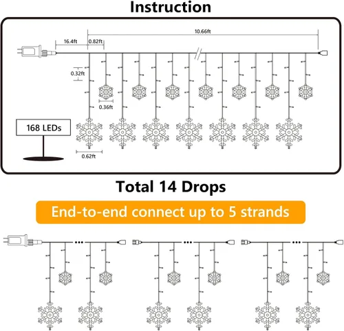 Vista 5 de Luces de Copo de Nieve de Navidad, 10.66 pies, 168 Luces LED de Carámbanos para Exteriores con 14 Gotas, 8 Modos Impermeables Conectables