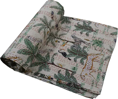 Vista 2 de Colcha de algodón reversible con estampado floral indio Kantha con estampado de animales, tamaño Twin/Queen/King, Vintage Kantha Gudari (King, beige)