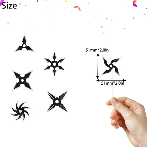 Vista 2 de Kit de decoración de 18 piezas Ninja Happy Birthday Cupcake Toppers - Kung Fu Ninja Dardos tema Samurai Decoración de fiesta de cumpleaños