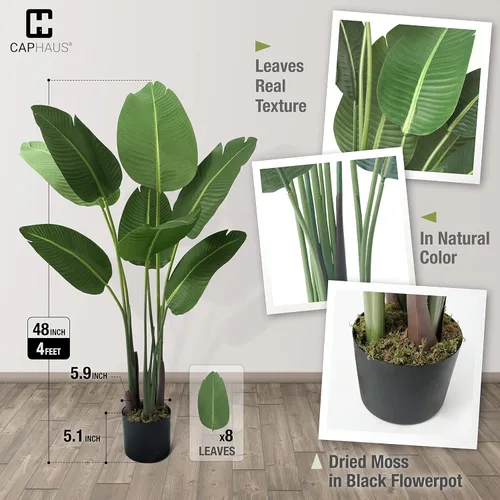 Vista 2 de CAPHAUS Planta Artificial de Ave del Paraíso de 4 Pies, Planta en Maceta Falsa Resistente a los Rayos UV con Musgo Seco