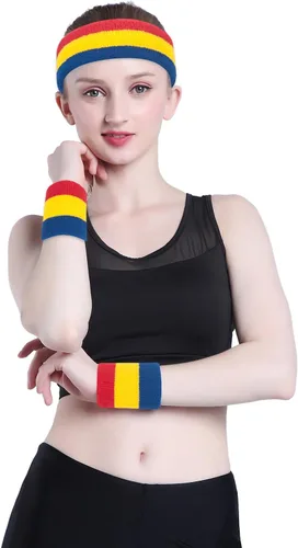 Vista 11 de ONUPGO - Conjunto de diadema y muñequeras deportivas para el sudor, hechas de algodón con bucles, muñequeras, contra humedad
