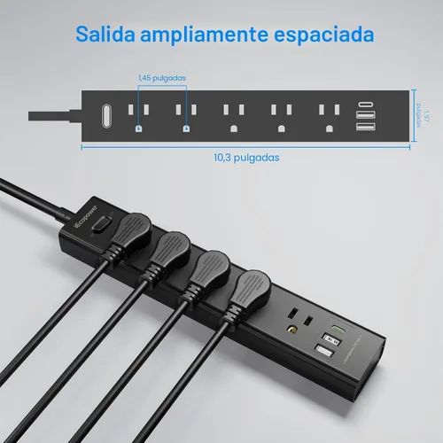 Vista 4 de Paquete de 2 Regletas de Enchufes con Protección contra Sobretensiones - 5 Enchufes Ampliamente Espaciados, 3 Puertos USB (1 Puerto USB C)