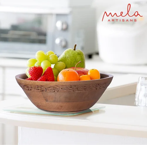 Vista 6 de Mela Artisans Frutero de madera Acabado medio quemado Tazón grande de madera de mango de 12 pulgadas Multiuso para encimera de cocina