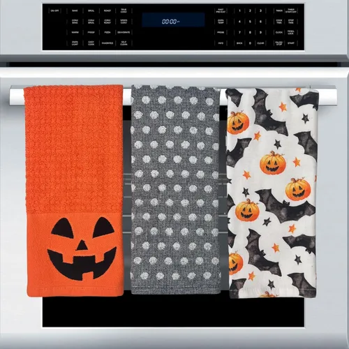 Vista 5 de Haunted - Juego de toallas de mano de cocina de Halloween: Jack O' Lantern Orange Terry Loop, lazo de rizo de punto blanco elevado, diseños