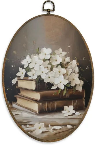 XBBMGG Decoración de pared floral vintage, libro de flores, decoración ovalada para colgar en la pared, impresiones de lienzo enmarcadas retro para