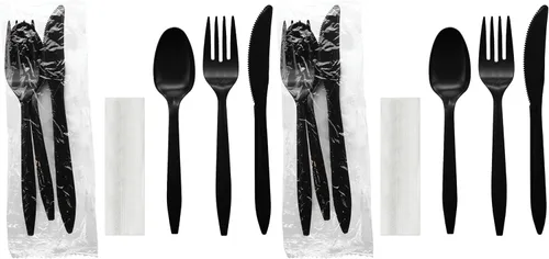 Vista 14 de Party Essentials Paquetes de cubiertos de plástico envueltos individualmente, tenedor/cuchara/cuchillo/servilleta, 50