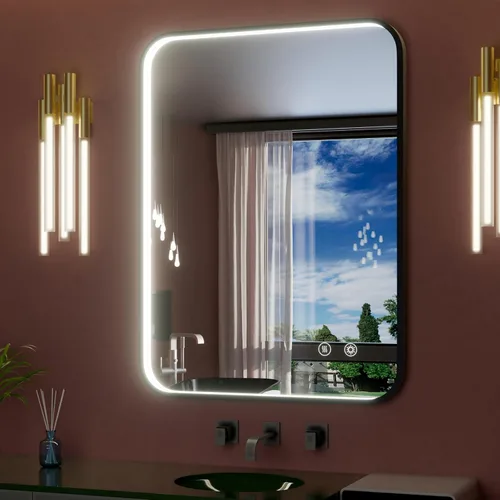 Vista 30 de Espejo de baño LED con marco negro de 16 x 24 pulgadas con luces, ajustable de 3000 K/4500 K/6000 K, espejos de tocador de baño iluminados