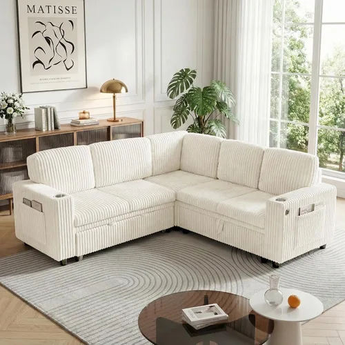 Vista 20 de Sofá cama modular de 103.5 pulgadas con cama extraíble, sofá de gran tamaño con almacenamiento, sofá modular para sala de estar, color beige Negro