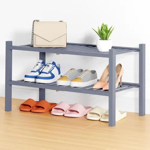 Vista 137 de Smiry Zapatero pequeño de bambú de 2 niveles, apilable, estante de almacenamiento de zapatos de madera para armario, entrada, entrada de puerta Negro