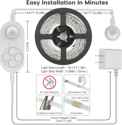 Vista 7 de Luces de Escalera con Doble Sensor para Interiores, Tira de Luz para Escalones Activada por Movimiento Enchufable para Interiores con Atenuador