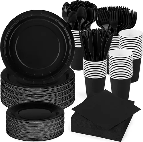 Durony 350 piezas juego de vajilla de papel negro para cenas, platos desechables de 7 y 9 pulgadas, sirve para 50 invitados, juego de vajilla de