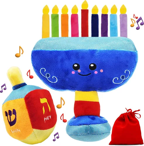 Menorá de Janucá de Peluche & Dreidel de Peluche Figura Musical de Menorá Toca 2 Melodías Clásicas de Janucá Incluye Velas de Janucá Desmontables &