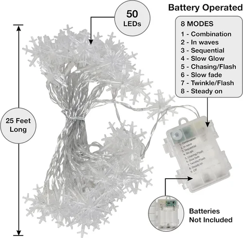 Vista 5 de Holiday Essence - Cadena de luces de Navidad en forma de copo de nieve, 50 luces LED blancas frías, 8 modos, 25 pies, juego de luces