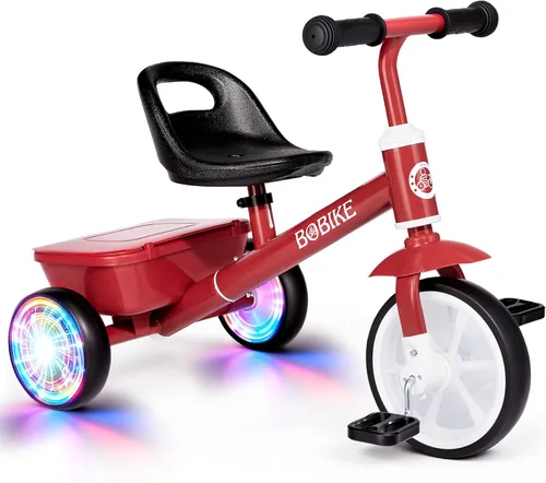 Bobike Triciclo para niños de 2 a 5 años, triciclo con 2 ruedas de luz LED, bicicleta para niños pequeños con asiento de 3 posiciones y canasta Rojo