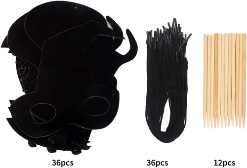 Vista 5 de CCINEE 36 máscaras de papel para rascar de Halloween, mágicas máscaras artísticas para raspar con cordones elásticos y lápiz capacitivo de madera