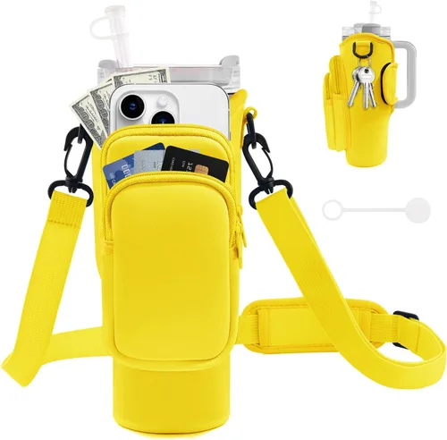 Vista 12 de JEBEALUO Bolsa Portadora de Botella de Agua con Bolsillo para Teléfono para Taza Stanley de 40/30 oz, Soporte para Botella de Agua con Correa